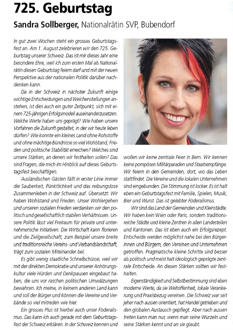 Sandra Sollberger, Volksstimme – carte blanche: 725 Geburtstag