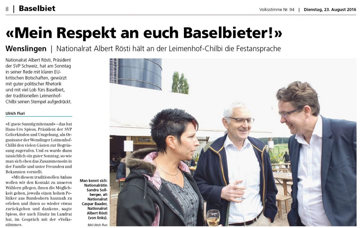 Sandra Sollberger, Volksstimme – Leimenhof-Chilbi mit Albert Rösti und alt NR Caspar Baader