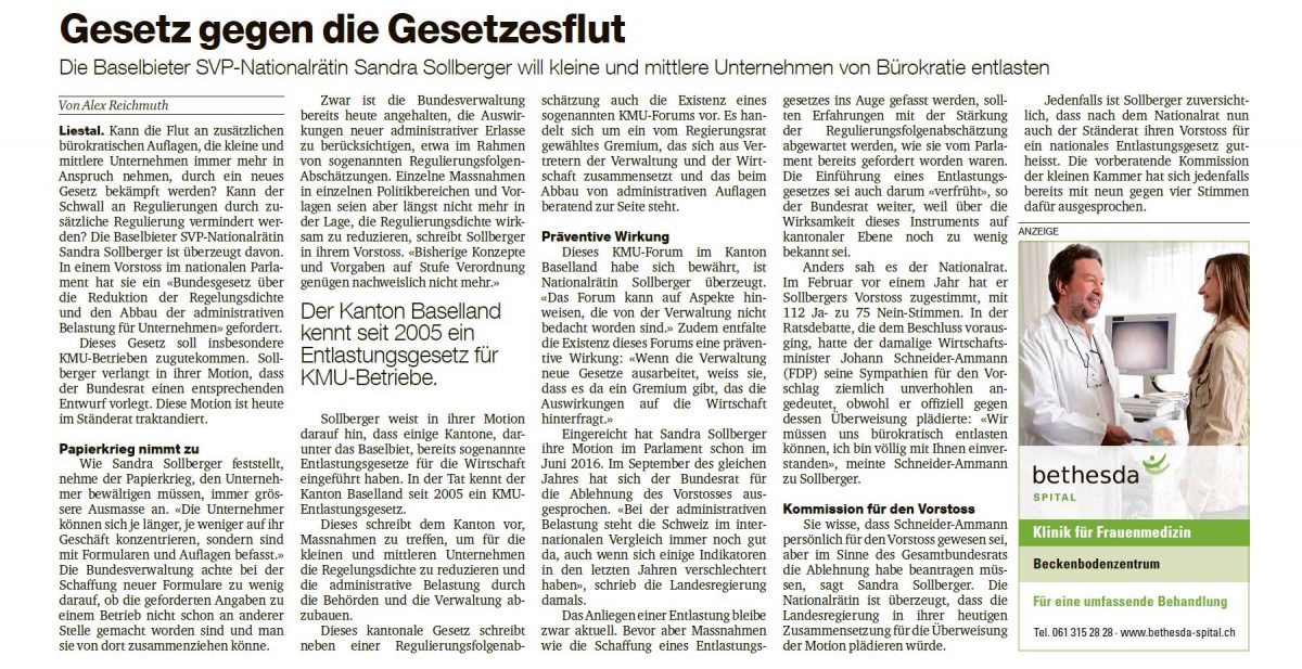 Sandra Sollberger, Basler Zeitung: Sandra`s Motion – Gesetz gegen die Gesetzflut