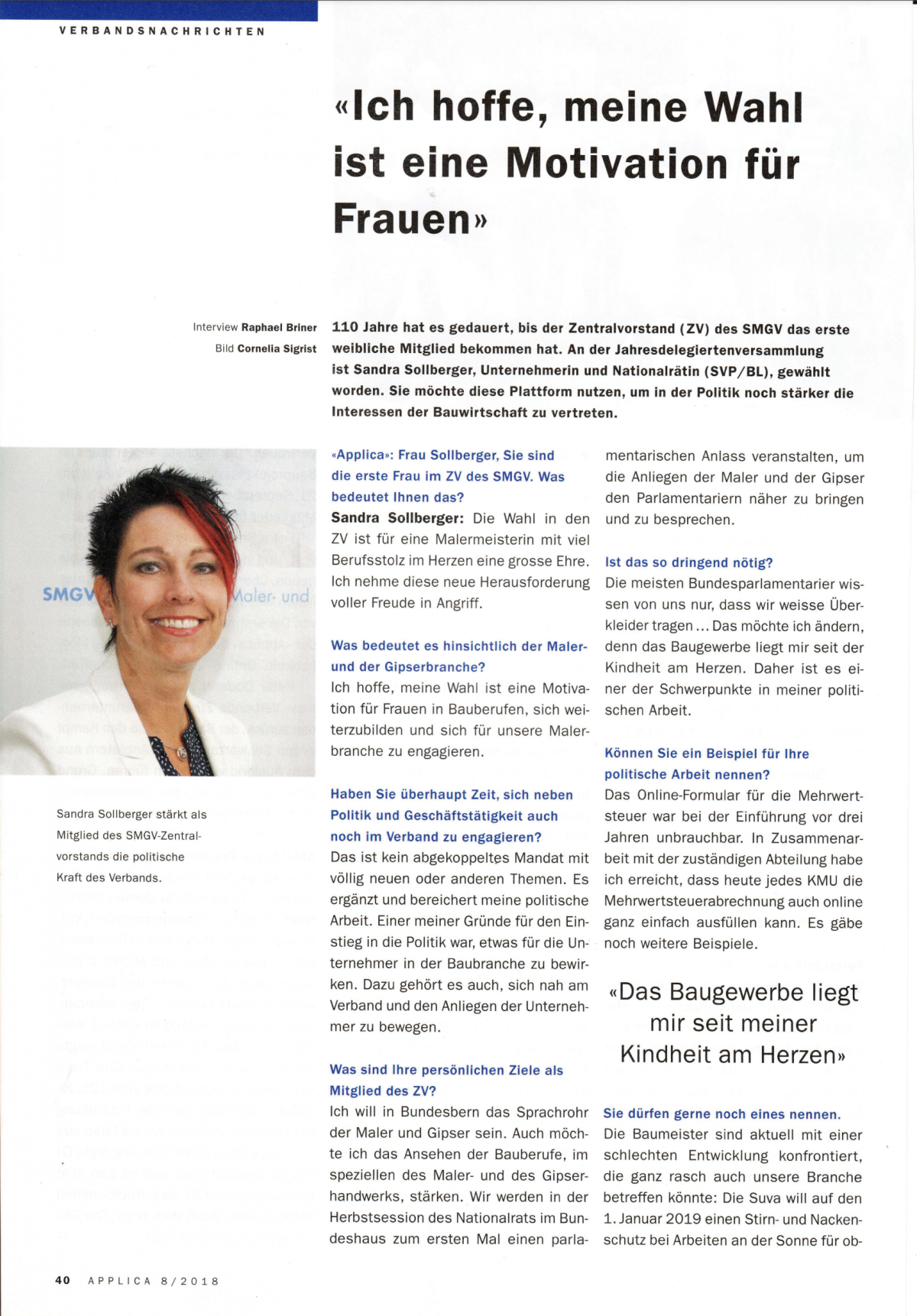 Sandra Sollberger, Applica Fachzeitschrift SMGV – Erste Frau im Zentralvorstand