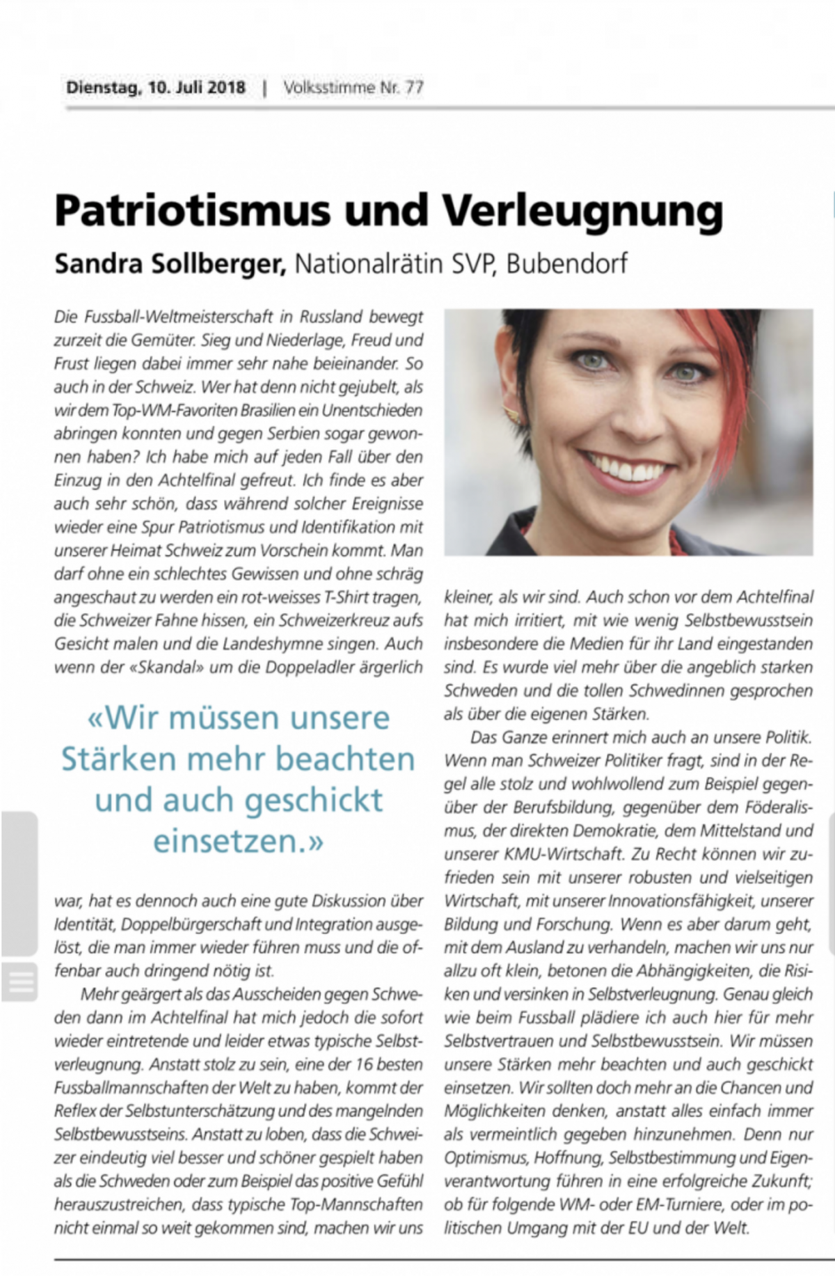 Sandra Sollberger, Volksstimme – carte blanche: Patriotismus und Verleugnung