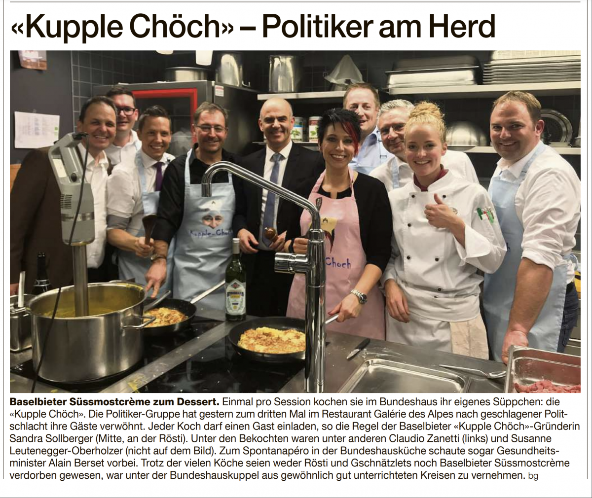 Sandra Sollberger, Basler Zeitung BaZ: Kupple-Chöch, SVP Parlamentarier kochen im Bundeshaus