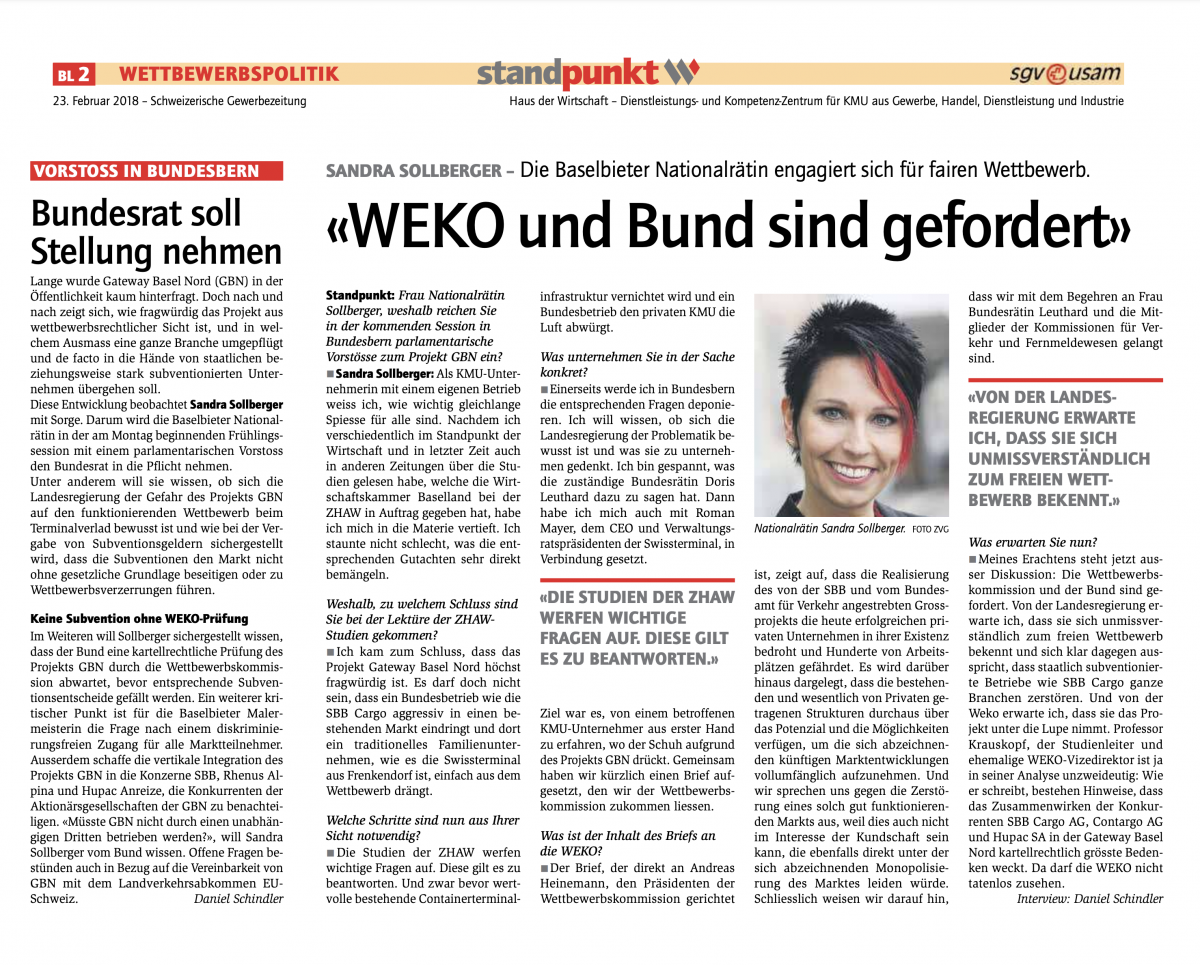 Sandra Sollberger, Standpunkt der Wirtschaft – Wettbewerbspolitik, Vorstoss in Bundesbern