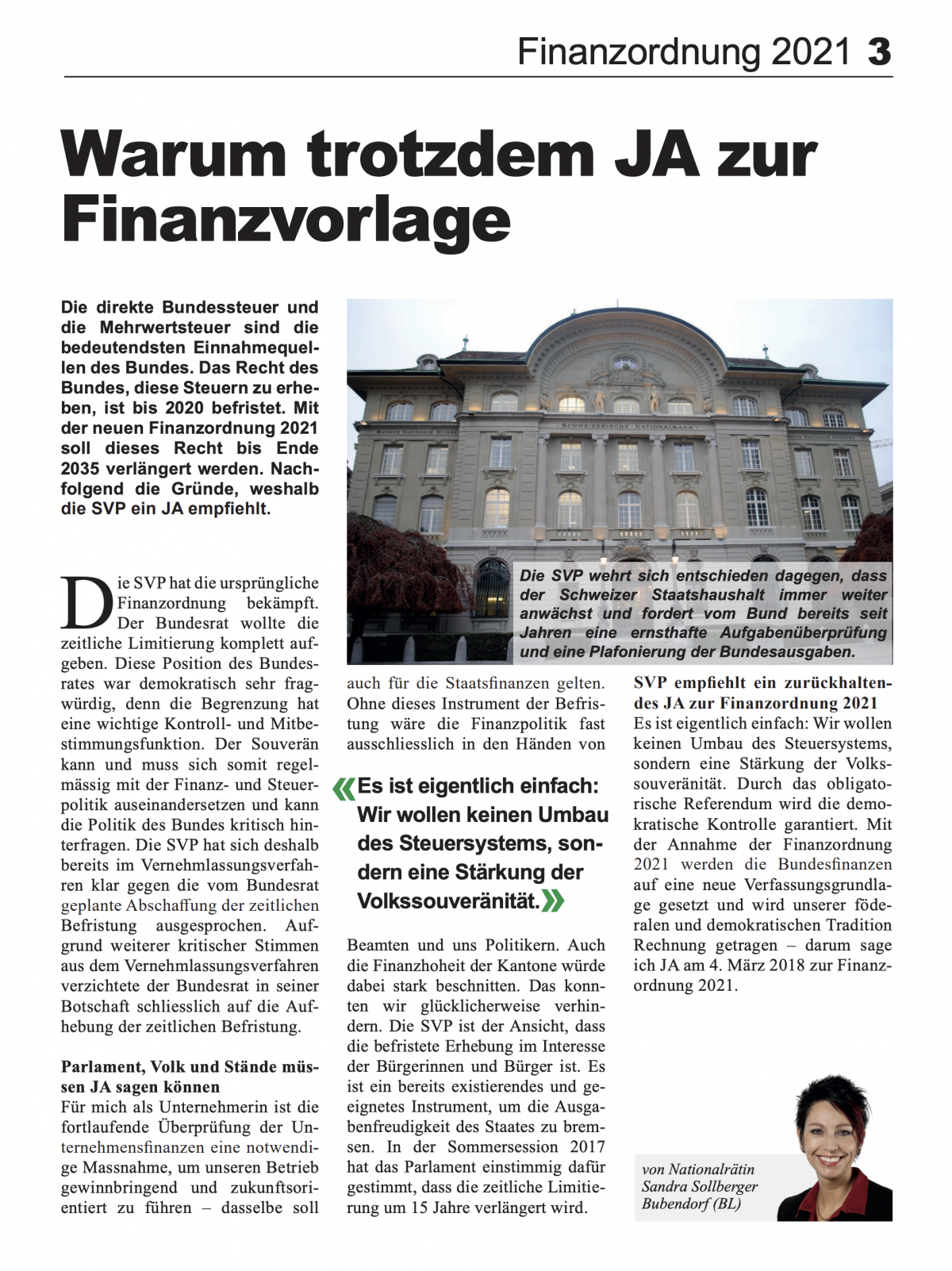 Sandra Sollberger, Klartext – Parteizeitung SVP Schweiz – Finanzordnung 2021