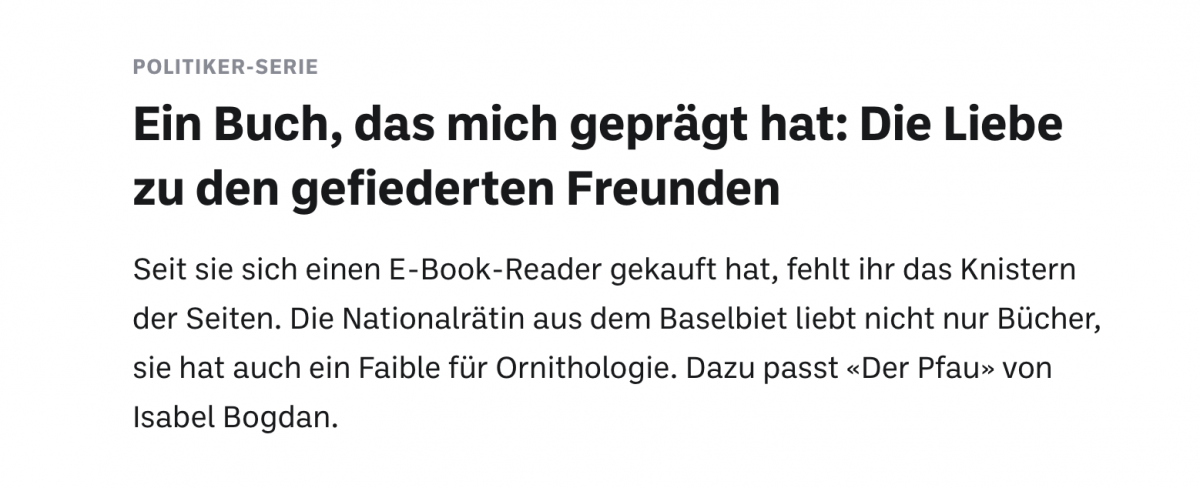 Sandra Sollberger, BZ – Ein Buch das mich geprägt hat «Der Pfau»