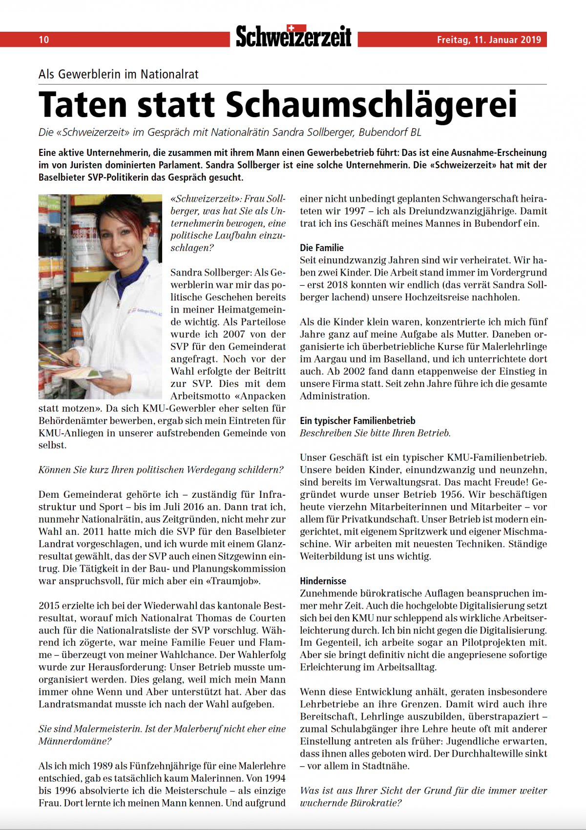 Sandra Sollberger, Schweizerzeit – Interview «Als Gewerblerin im Nationalrat»