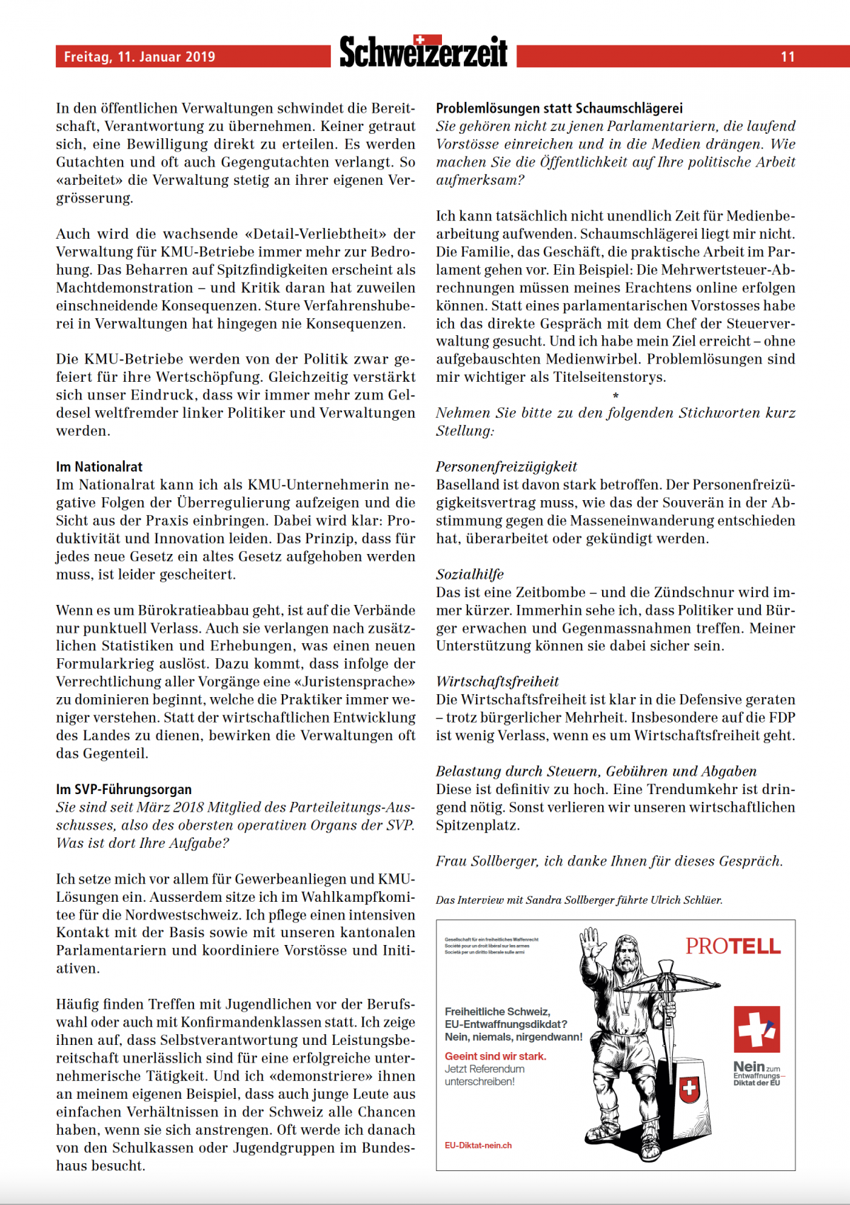 Sandra Sollberger, Schweizerzeit – Interview «Als Gewerblerin im Nationalrat»