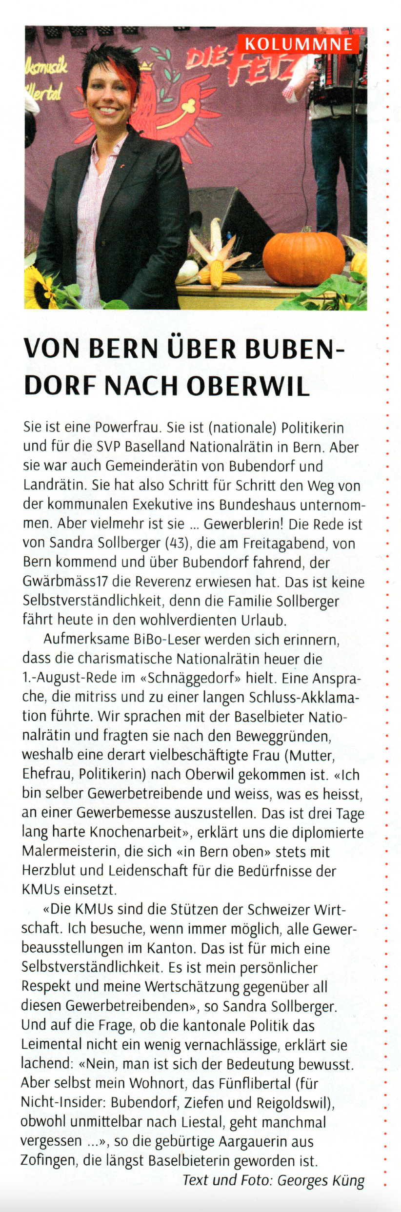 Sandra Sollberger, BiBo: Kolummne von George Küng anlässlich der Gewerbemäss17 in Oberwil