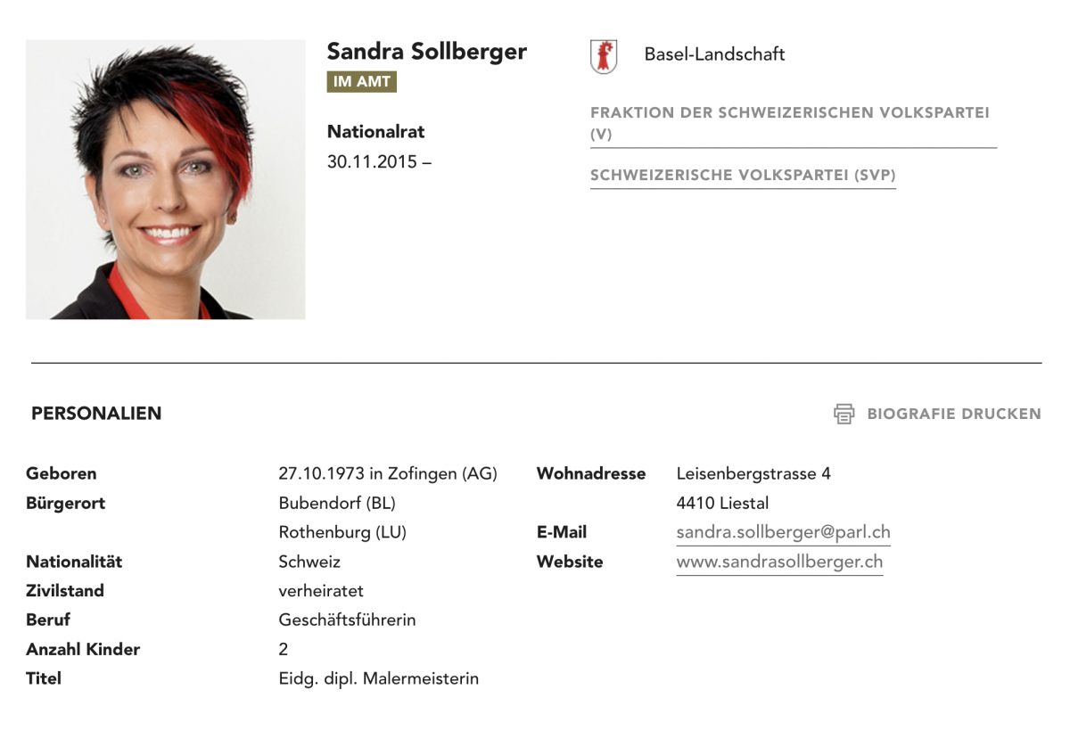 Sandra Sollberger, Meine Seite bei Parlament.ch