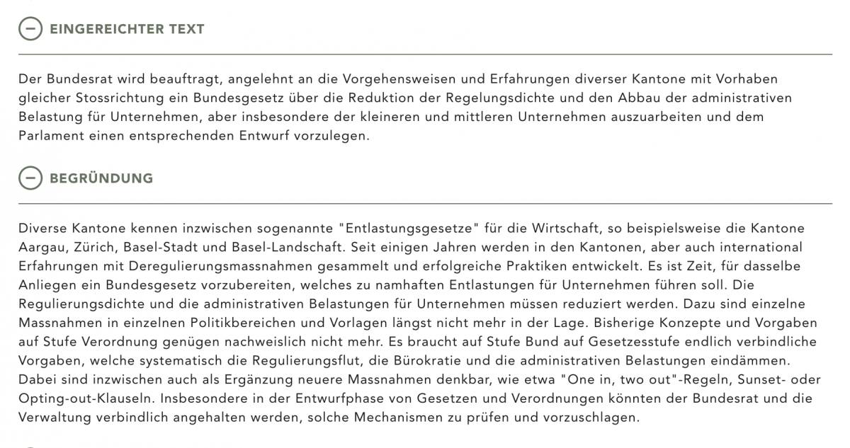 Sandra Sollberger, Motion – Reduktion der Regelungsdichte und Abbau der administrativen Belastung für Unternehmen