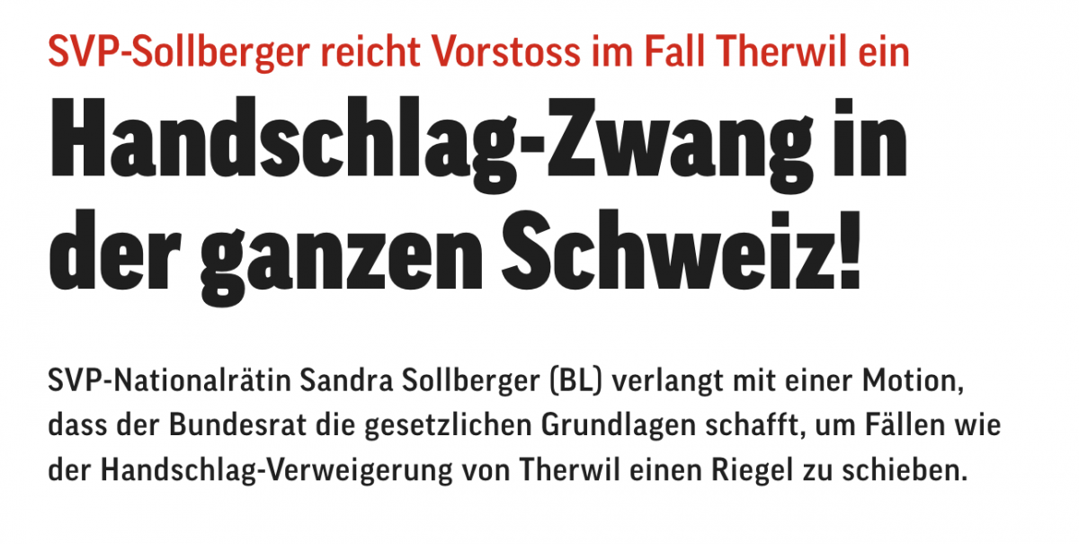 Sandra Sollberger, Bericht im Blick zu meiner Motion, welche ich zur «Handschlag-Verweigerung» eingereicht habe