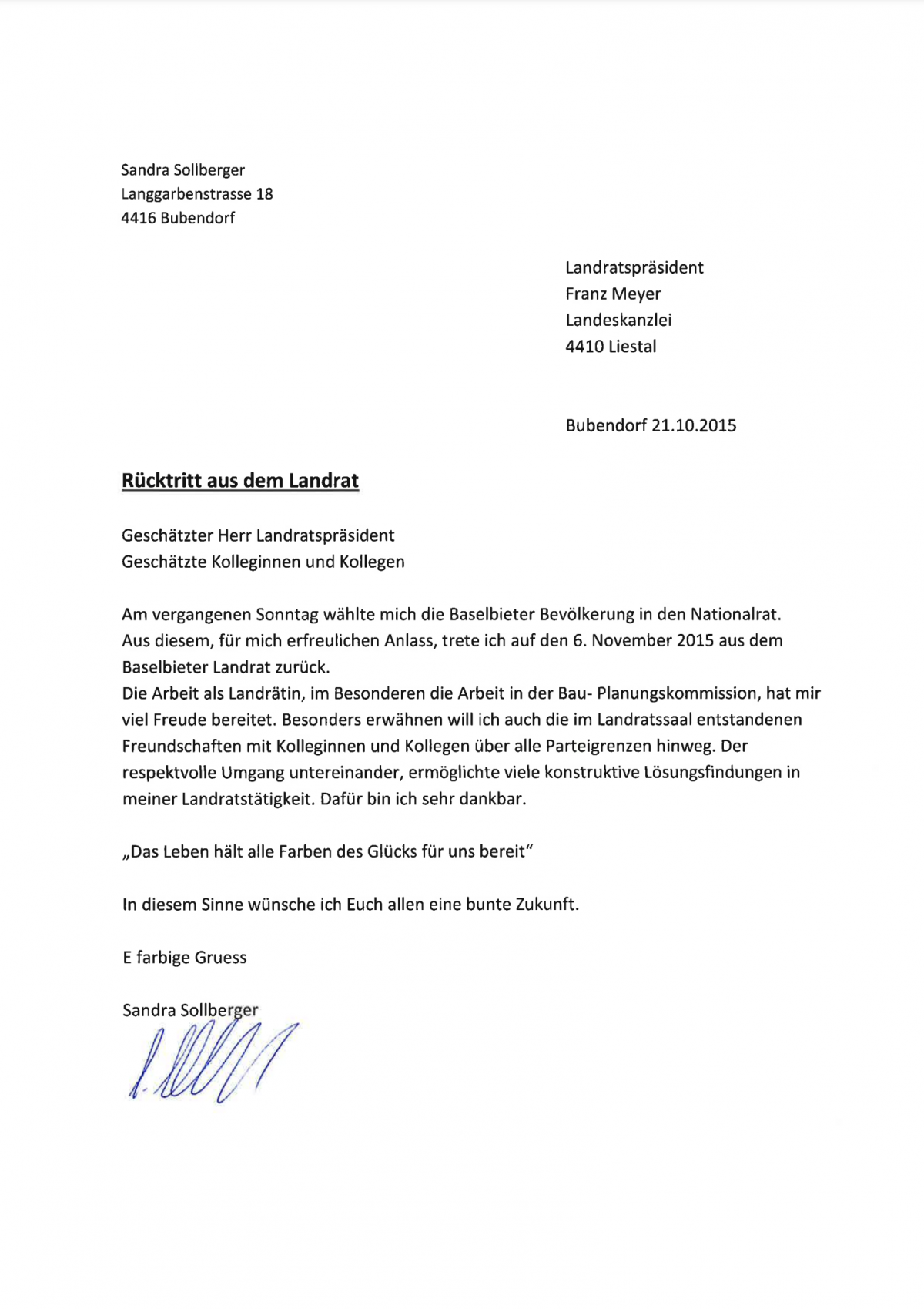 Sandra Sollberger, Kanton Baselland Protokoll der Landratssitzung: Mein Rücktritt aus dem Landrat BL