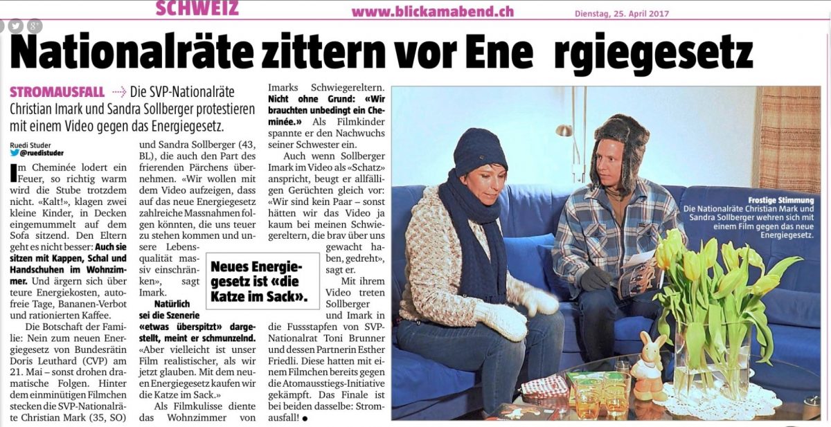 Sandra Sollberger, Blick am Abend zum Filmchen von Imark/Sollberger: Energiegesetz NEIN