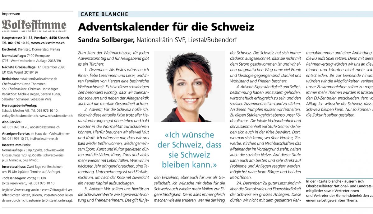Sandra Sollberger, Volksstimme – meine Gedanken zur Adventszeit