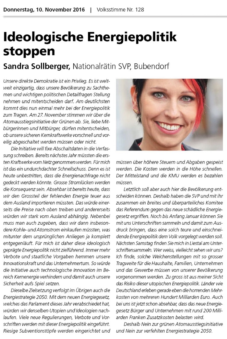 Sandra Sollberger, Volksstimme – Ideologische Energiepolitik stoppen