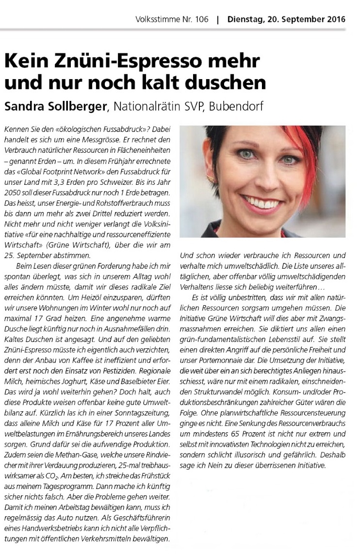 Sandra Sollberger, Volksstimme – carte blanche: Kein Znüni-Espresso mehr und nur noch kalt duschen