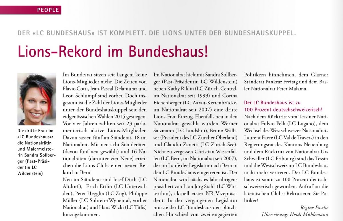 Sandra Sollberger, Revue Lions Schweiz Die Lions unter der Bundeshauskuppel (Past-Präsidentin Lions Club Wildenstein)
