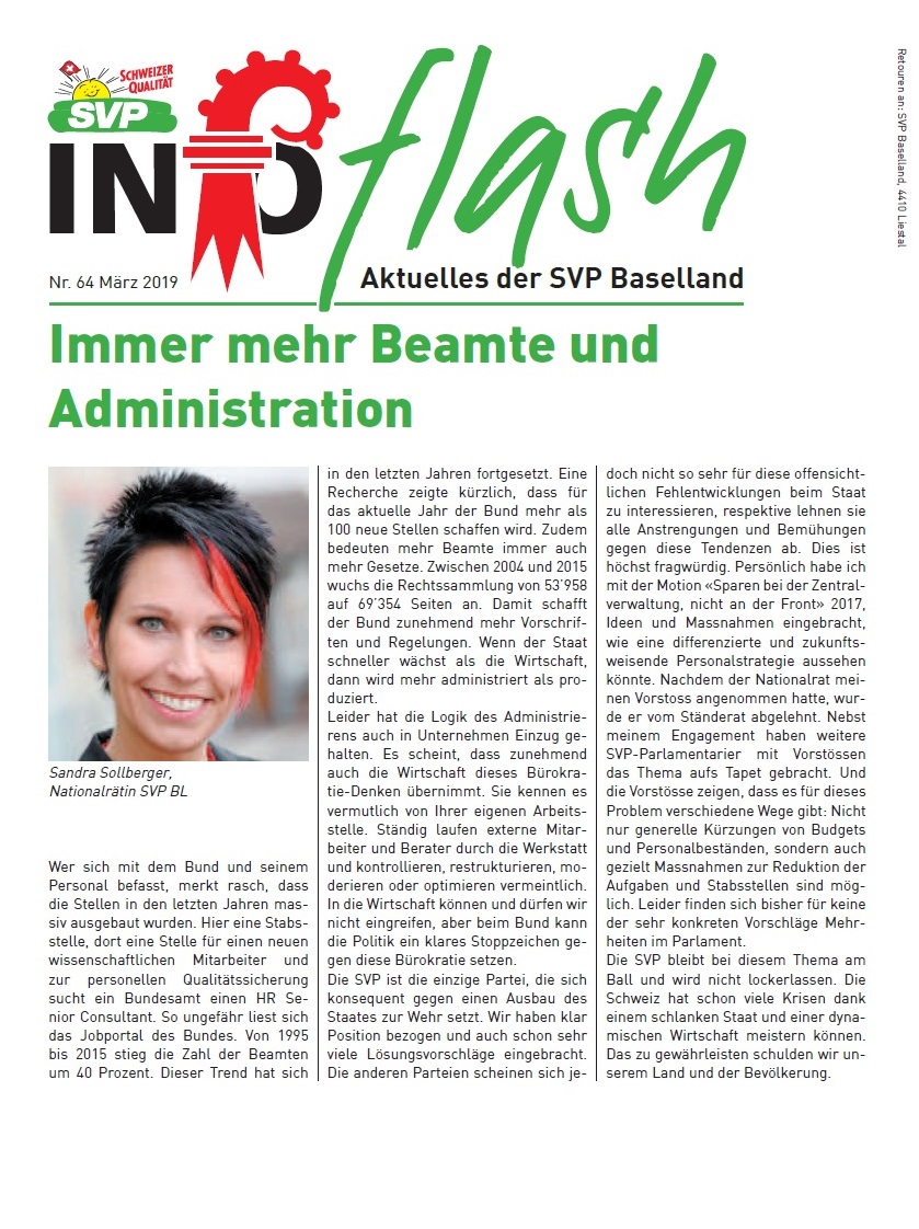 Sandra Sollberger, Flash: Zeitung der SVP BL – Immer mehr Beamte