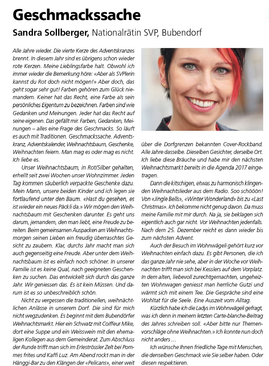 Sandra Sollberger, Volksstimme – carte blanche: Geschmacksache