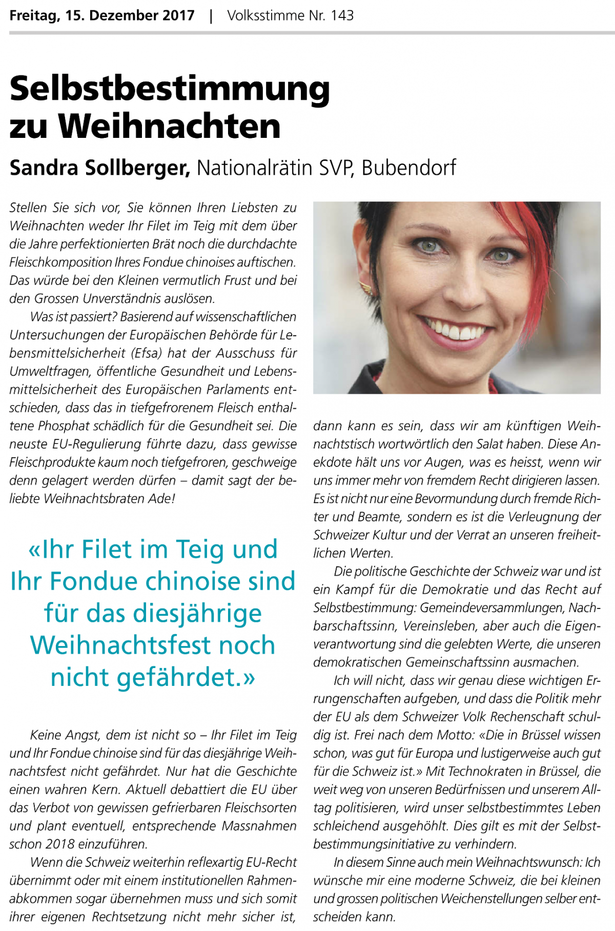 Sandra Sollberger, Volksstimme – carte blanche: Selbstbestimmung zu Weihnachten