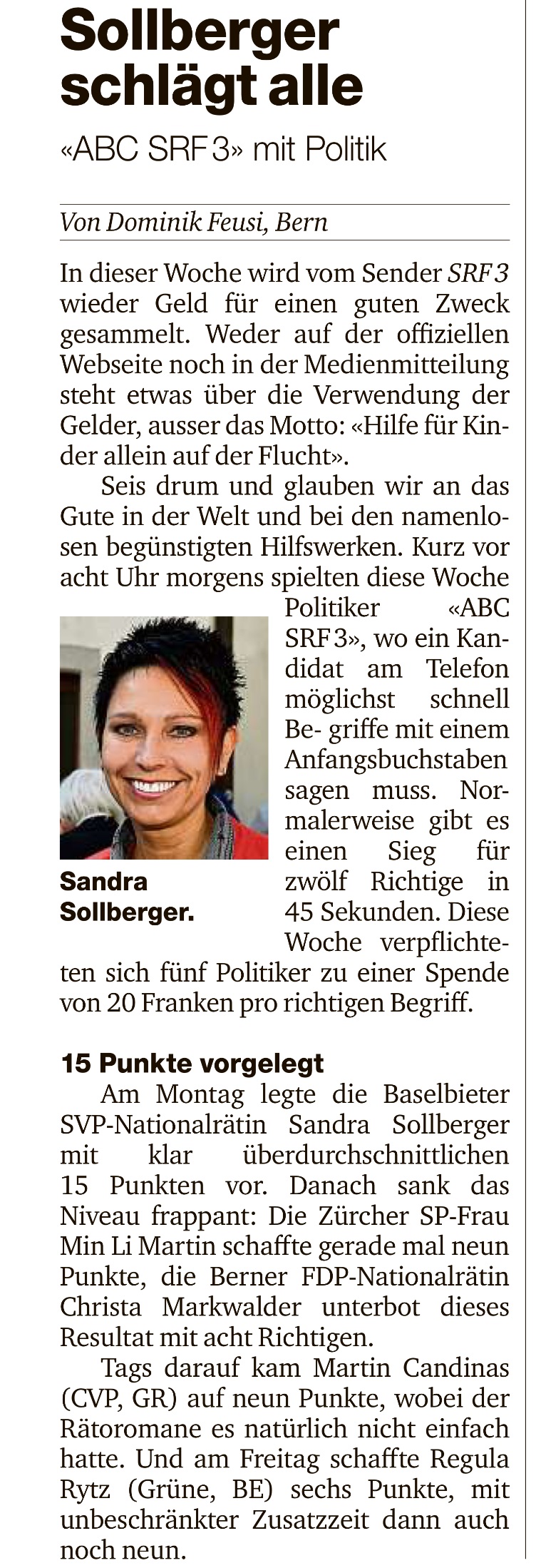 Sandra Sollberger, ABC SRF3, 15 Punkte! -Sollberger schlägt alle – baz und Volksstimme