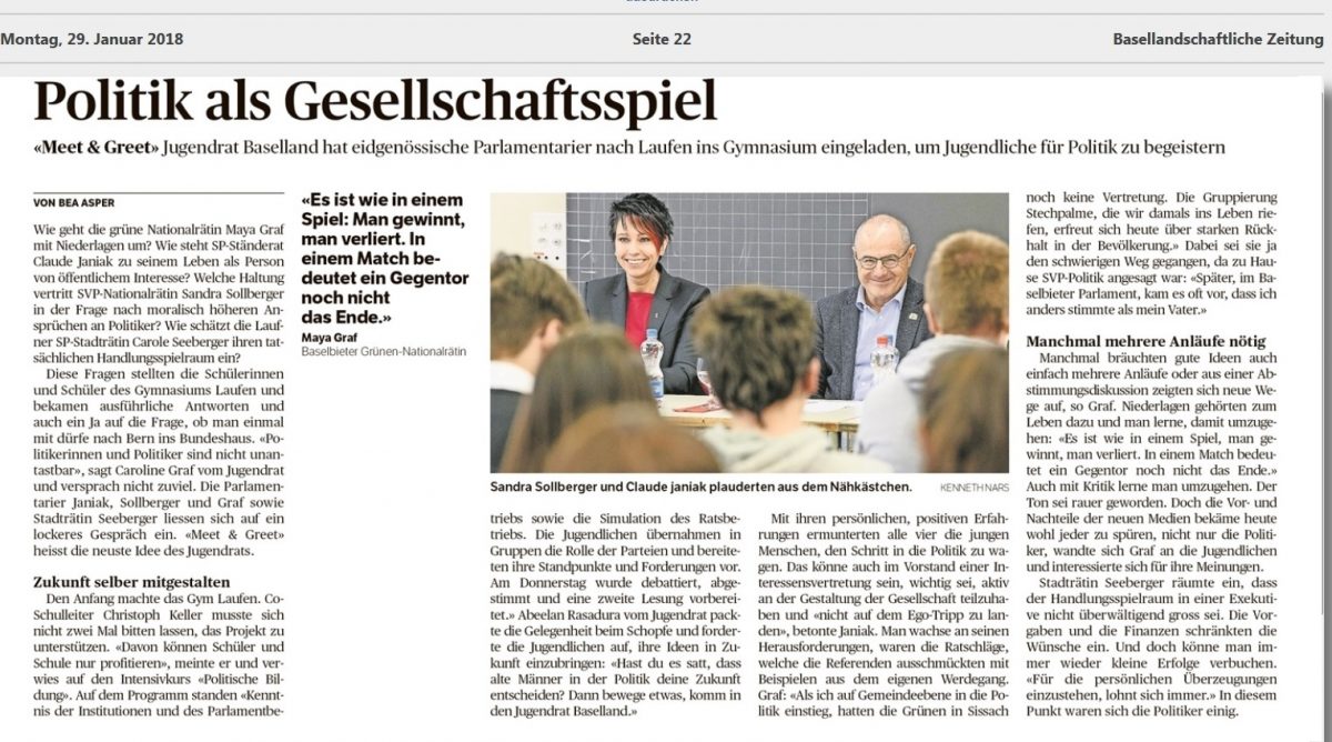 Sandra Sollberger, AZ Medien: Jugendrat BL im Gymi Laufen – Politik als Gesellschaftsspiel