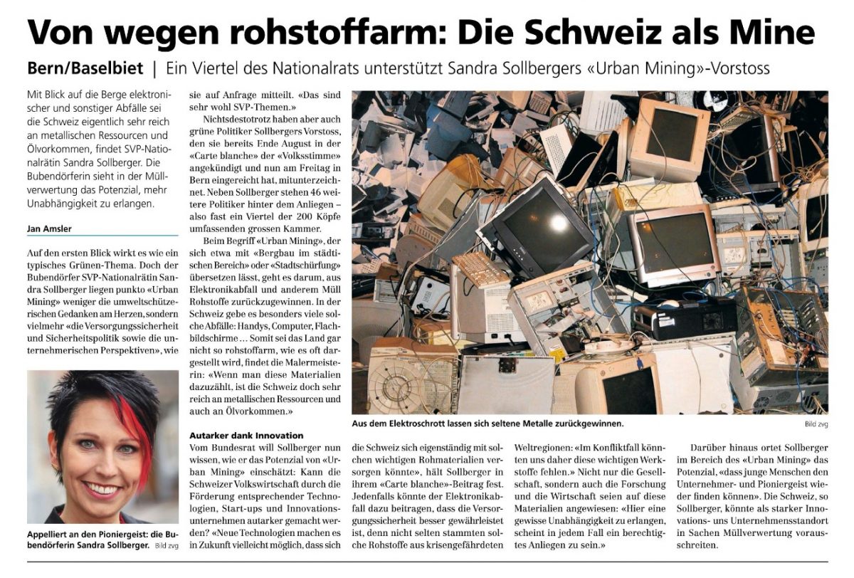 Sandra Sollberger, Volksstimme: Ein Viertel des Nationalrats unterstützt Sollbergers «Urban mining»-Vorstoss