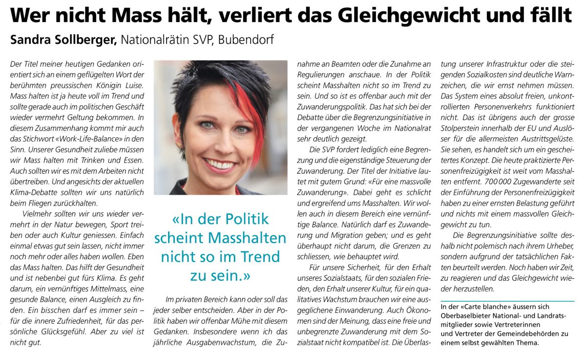 Sandra Sollberger, Volkstimme Baselland – carte blanche