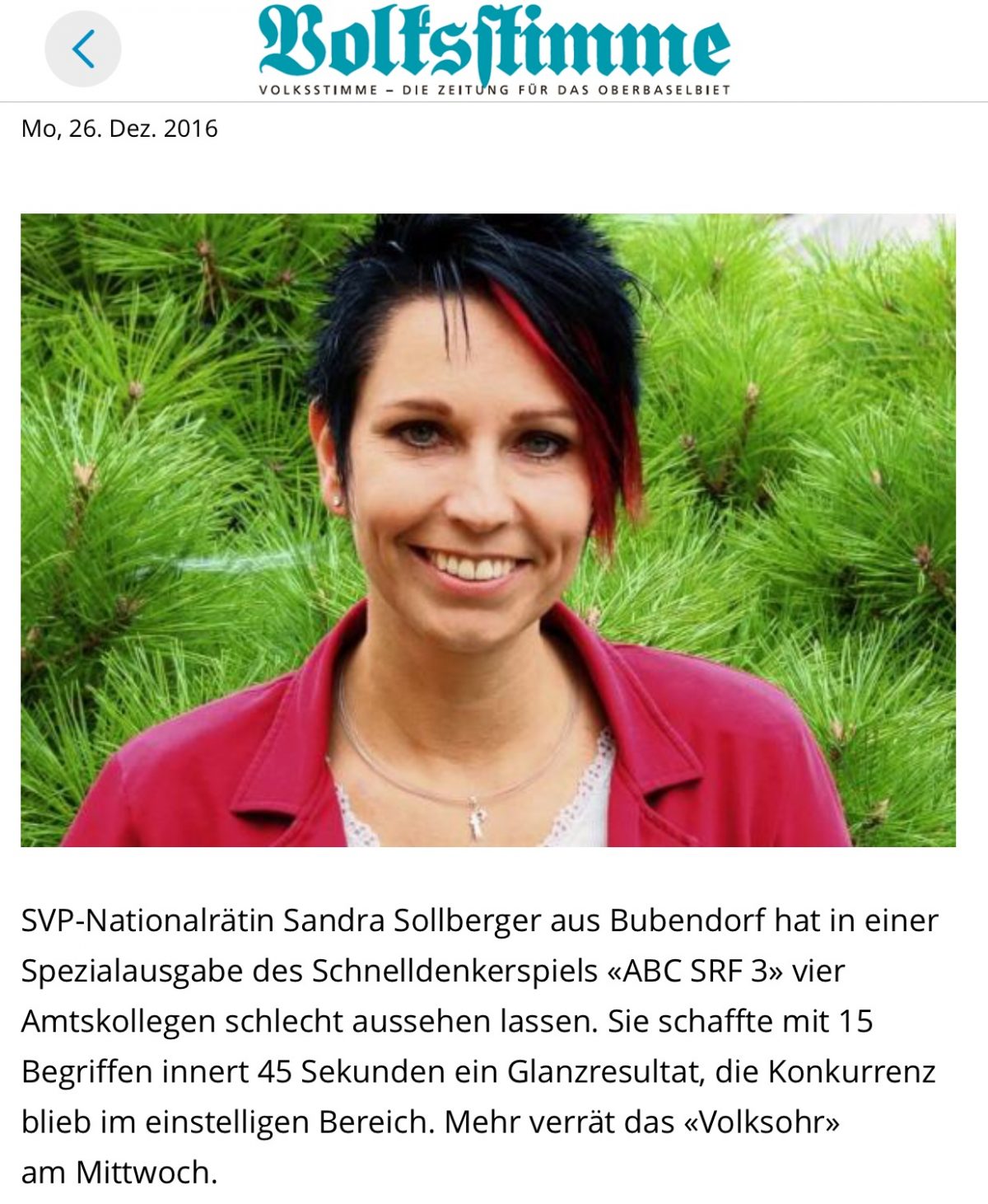 Sandra Sollberger, ABC SRF3, 15 Punkte! -Sollberger schlägt alle – baz und Volksstimme