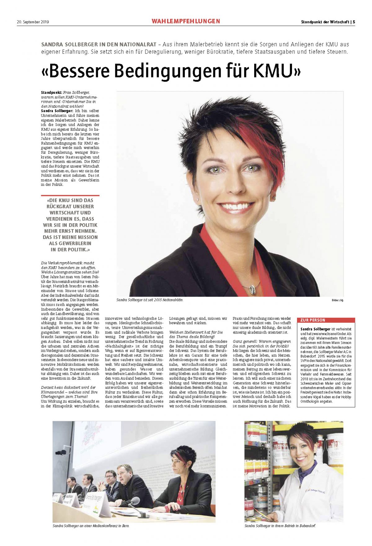Sandra Sollberger, Standpunkt der Wirtschaft – Wahlempfehlung von Sandra
