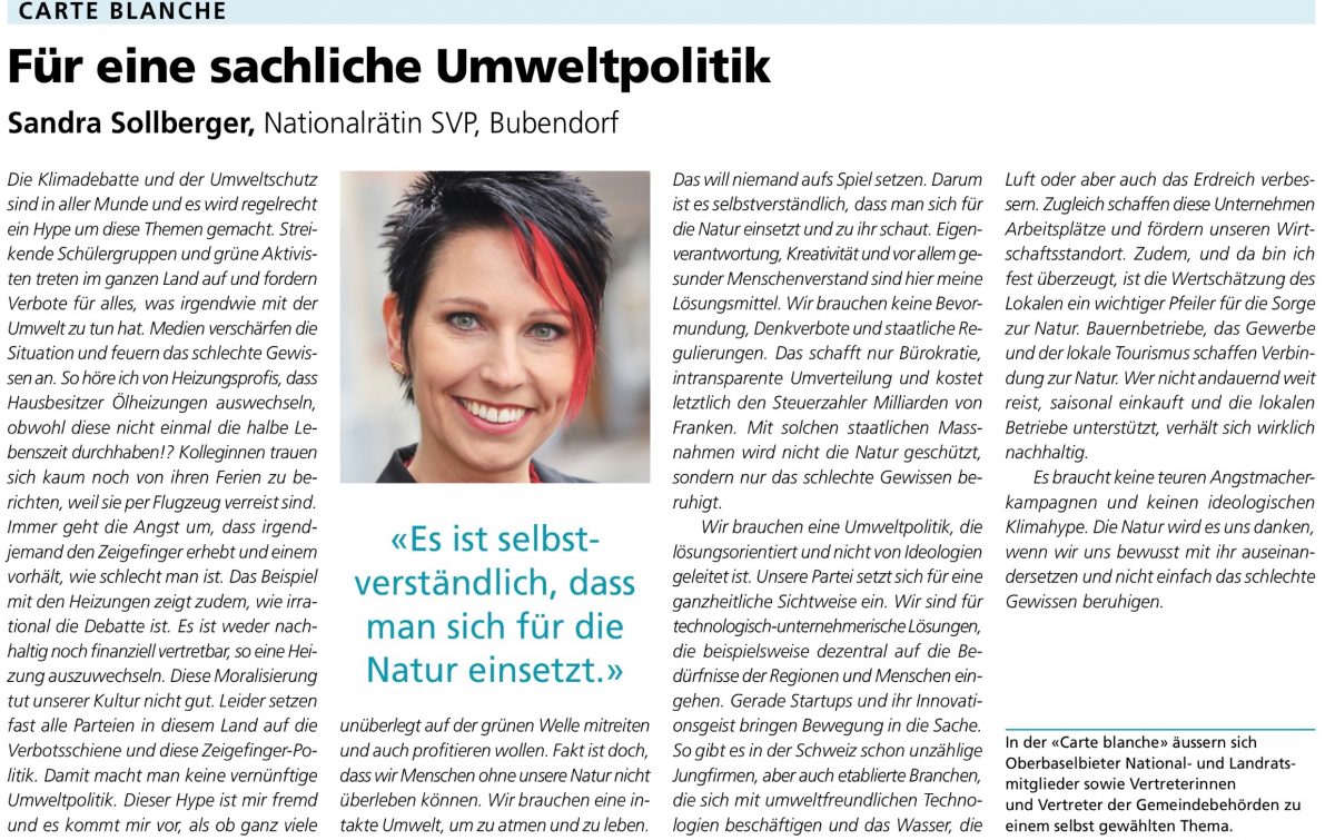 Sandra Sollberger, Volksstimme – Carte Blanche, Für eine sachliche Umweltpolitik