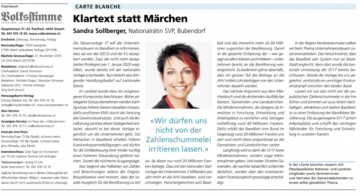 Sandra Sollberger, Volkstimme Baselland – carte blanche